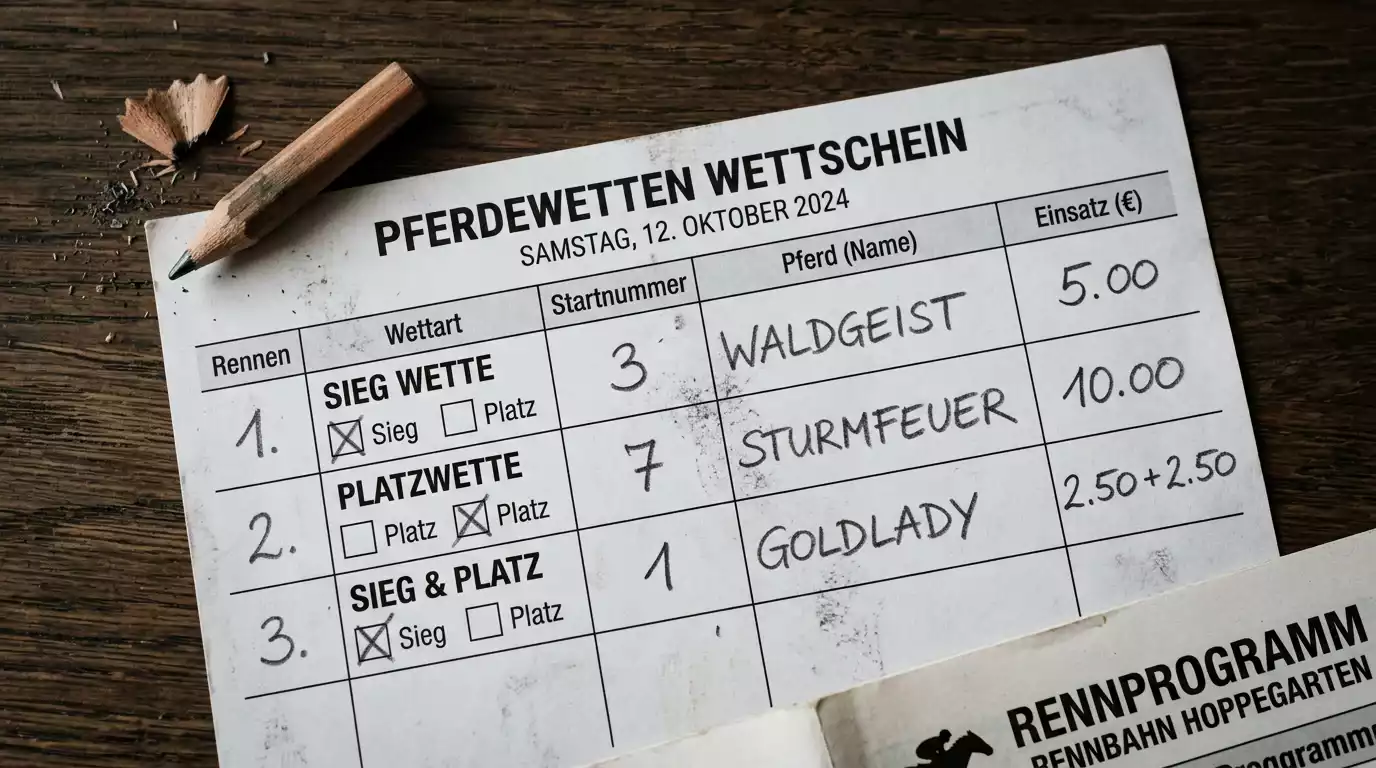 Ausgefüllter Wettschein für ein Pferderennen mit Wettart und Startnummer